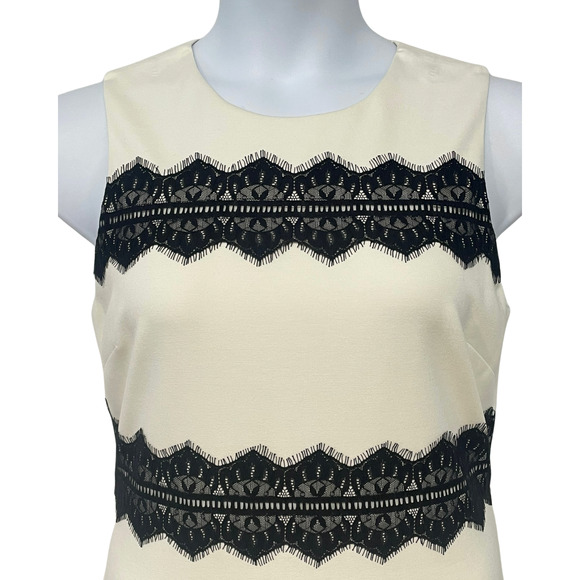 Belle Badgley Mischka Sz 12 Sleeveless Sheath Dress Cream w/Black Lace Bands - Picture 4 of 11